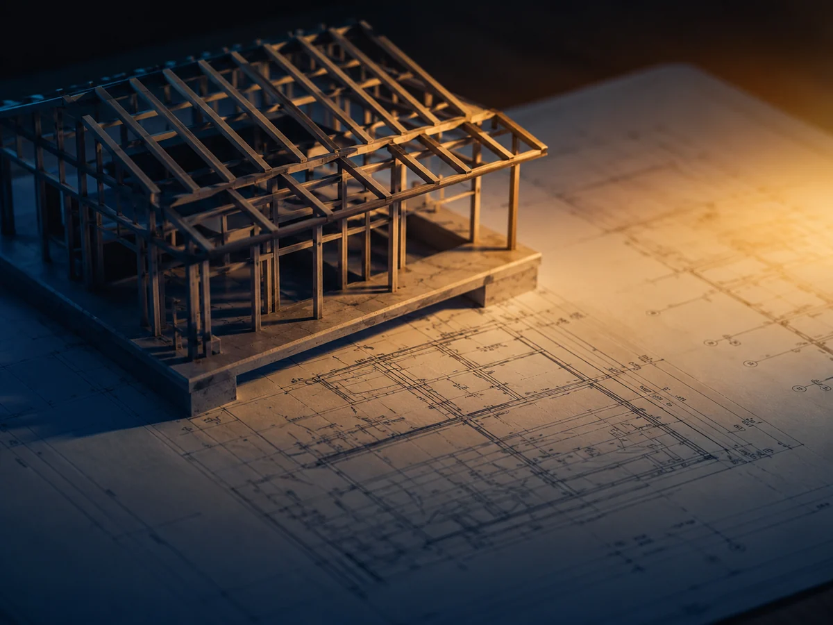 Maqueta del armazón estructural de una construcción apoyada sobre un plano de arquitectura