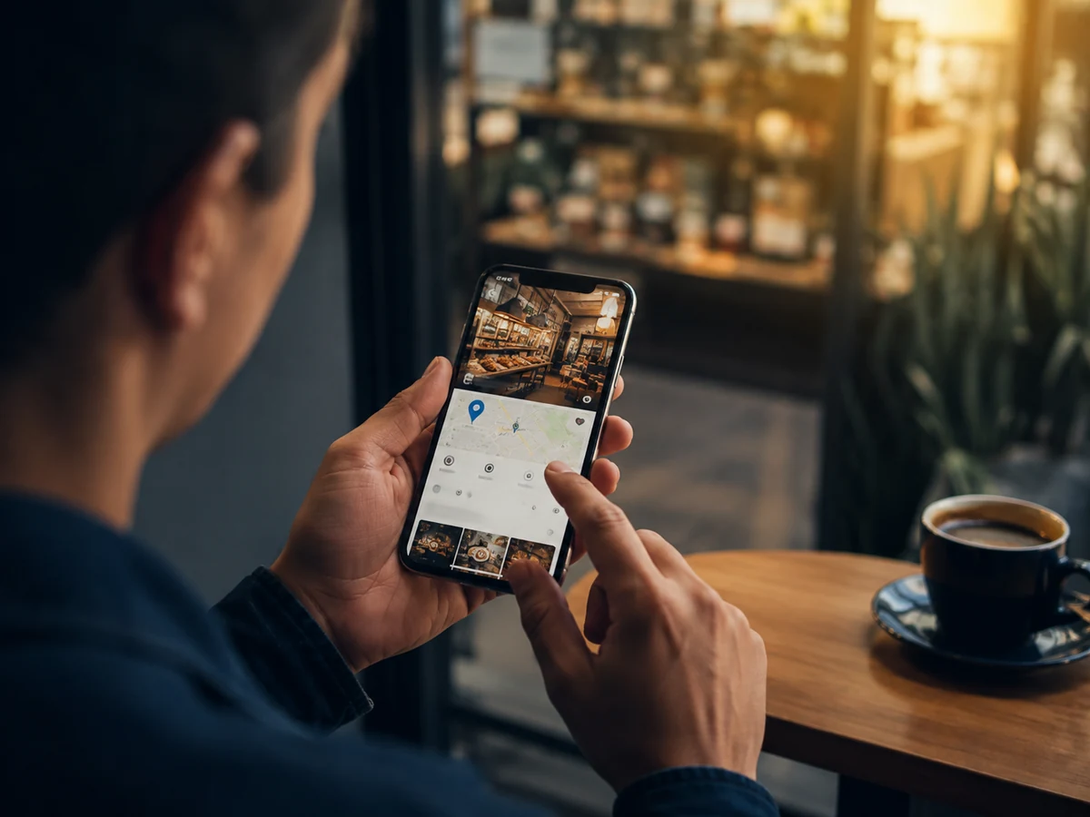 Persona revisando el sitio web de un negocio local desde su teléfono en una cafetería