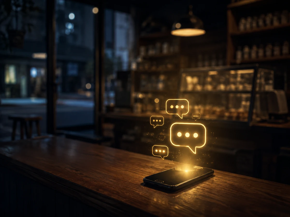 Teléfono sobre el mesón de un local cerrado de noche, con mensajes entrantes iluminando la pantalla