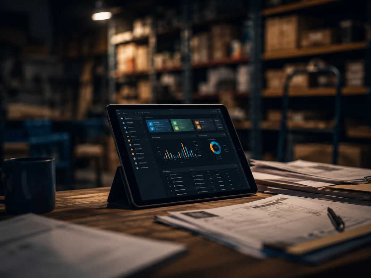 Tablet con un panel de control sobre el escritorio de una bodega, junto a documentos impresos